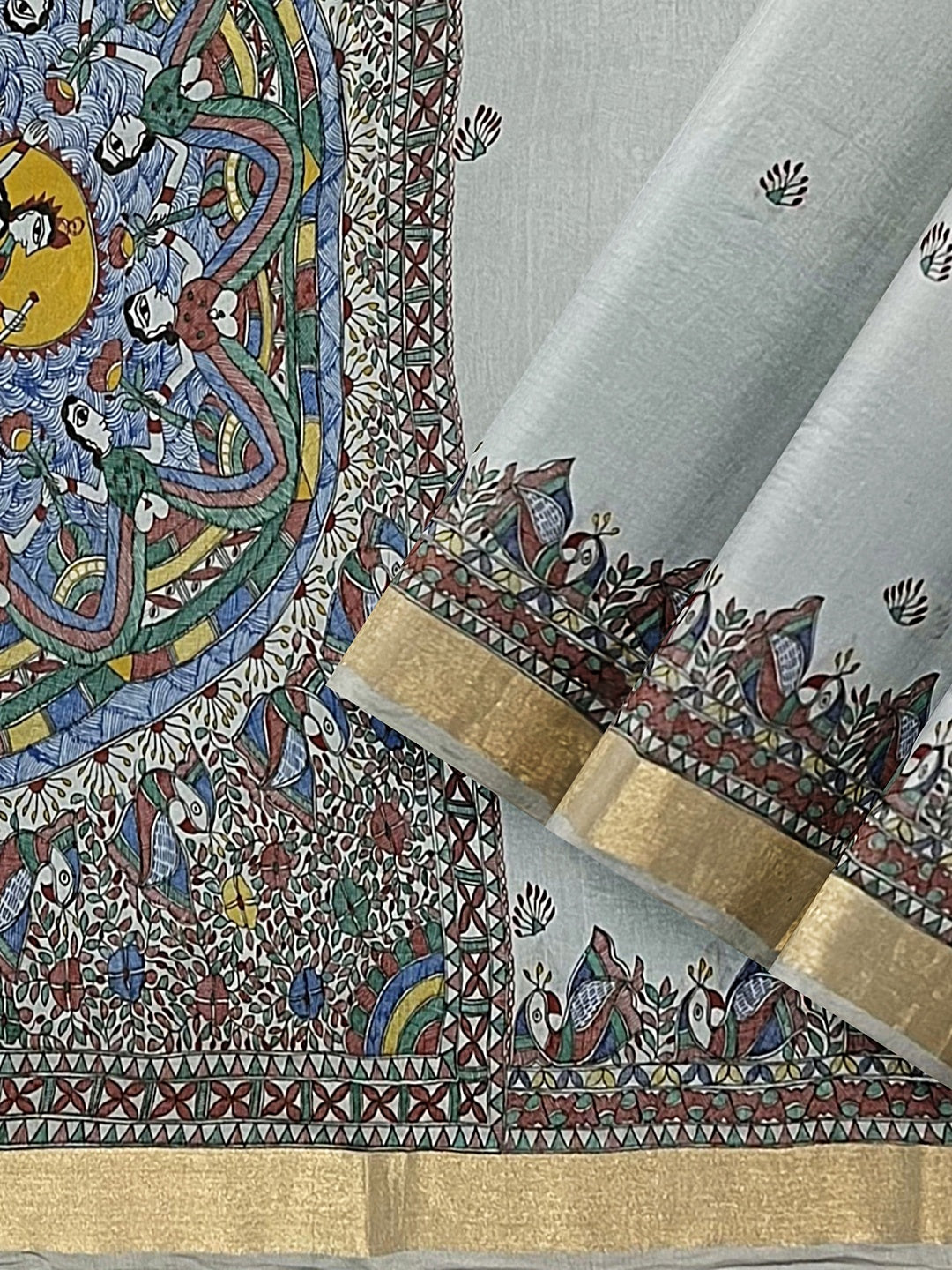 Powder Blue Hand-Painted Madhubani Saree on Chanderi Silk